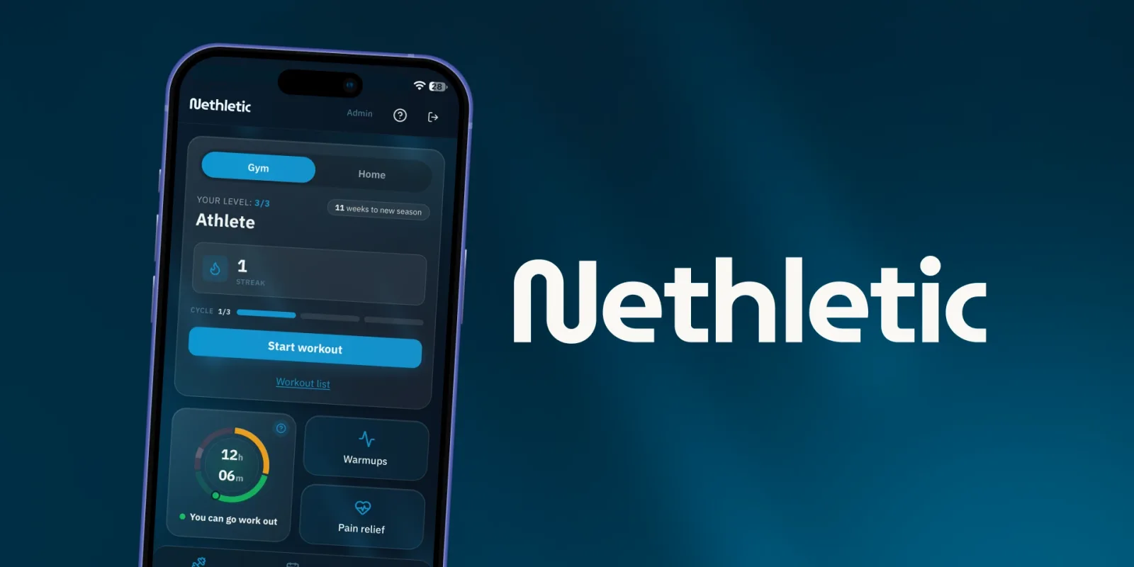 Aplikace Nethletic v telefonu: úroveň Athlete, série a tlačítko Start workout